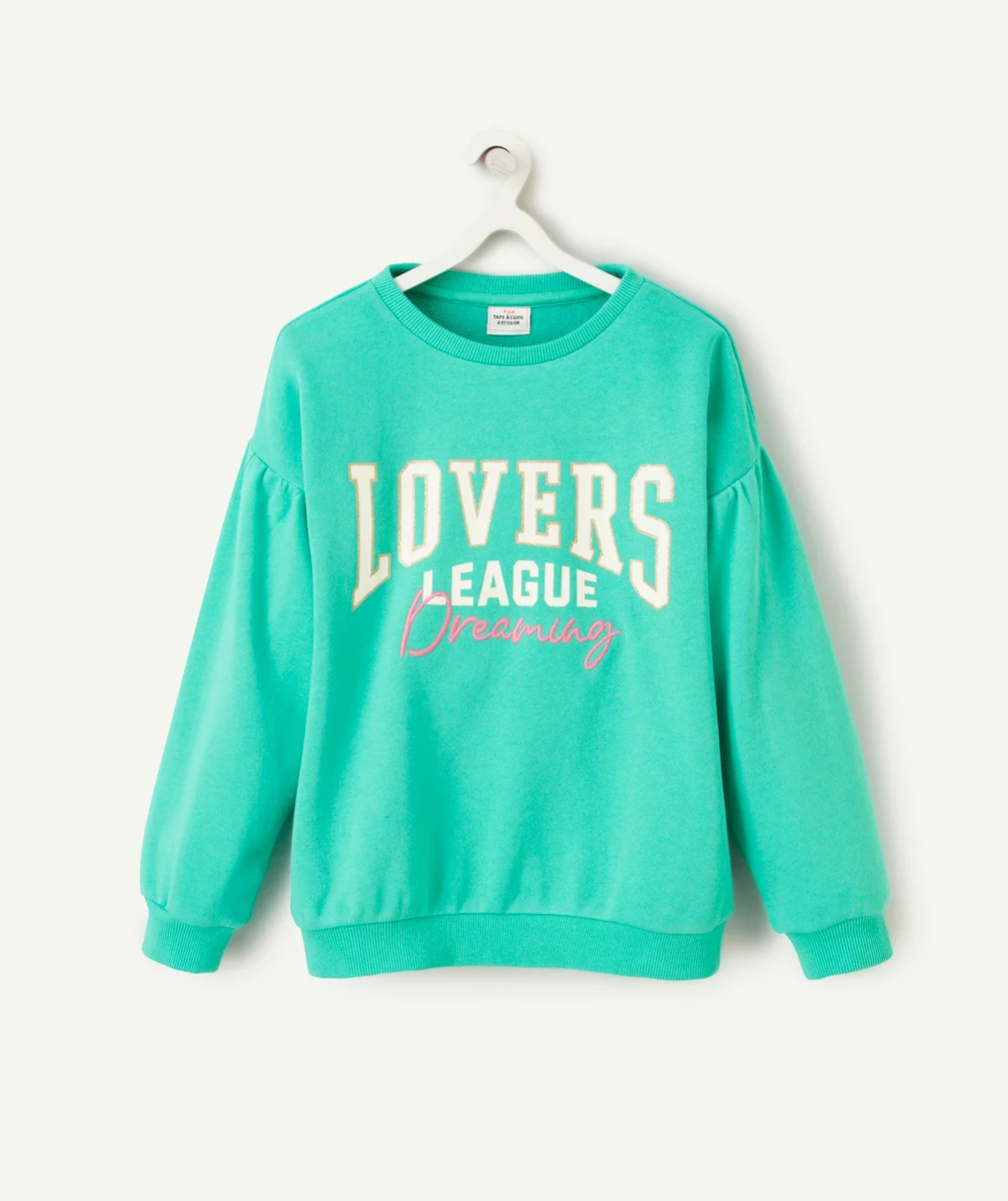 SWEAT FILLE VERT AVEC MESSAGE BRODÉ ET PAILLETÉ