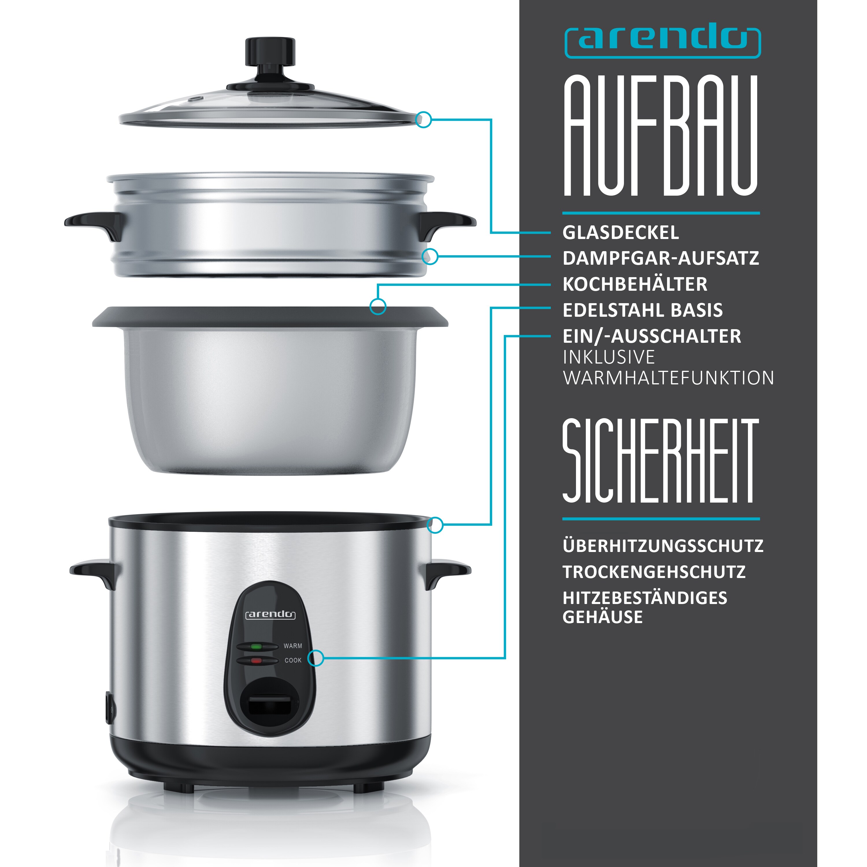Arendo Reiskocher 1L mit Glasdeckel, 400W, Edelstahl, Dampfgaraufsatz, Warmhaltefunktion, EDO, Silber