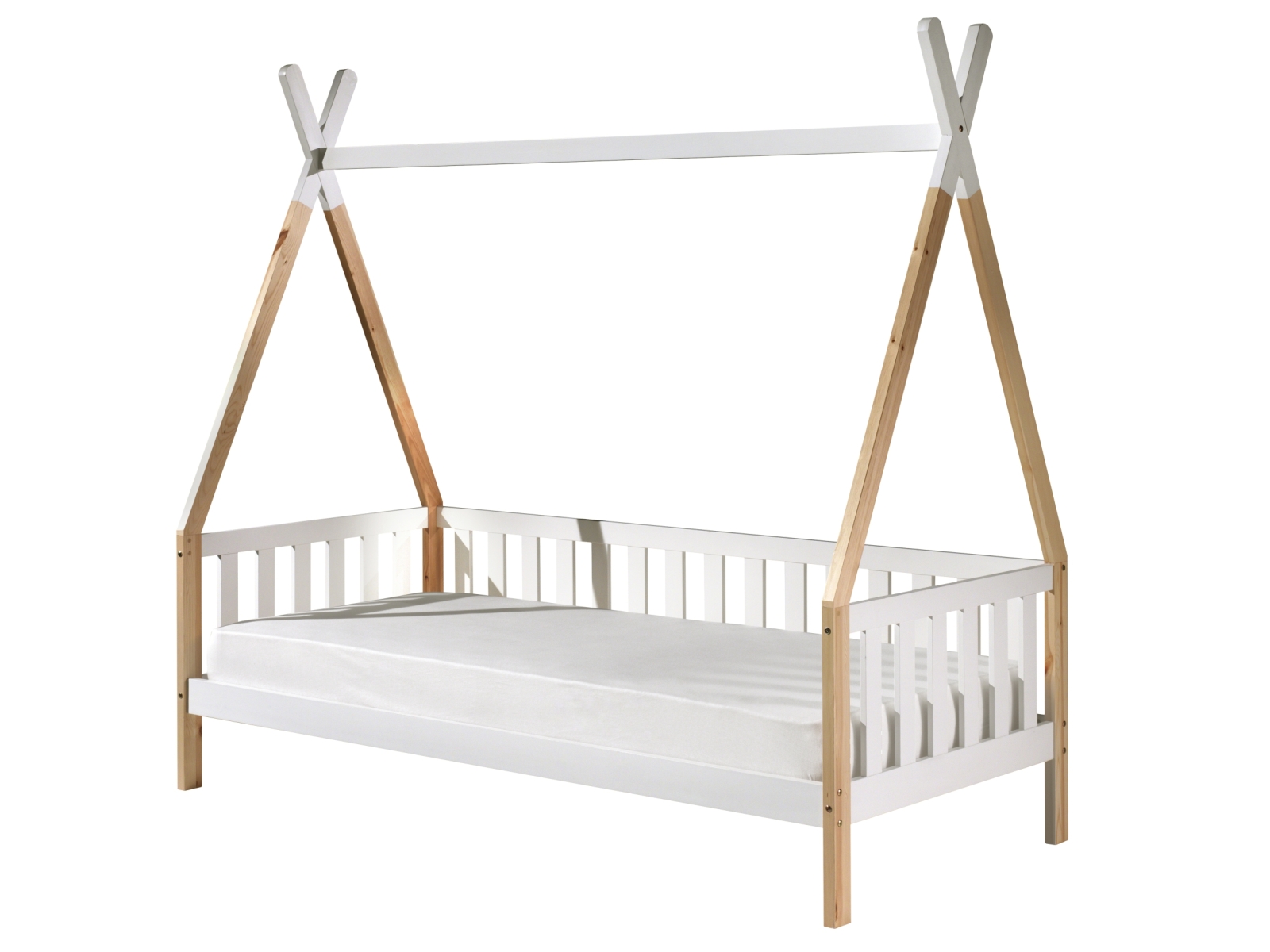 Tipi-Zelt-Bett - weiß-natur - Rolllattenrost - Umrandung - 90x200 cm