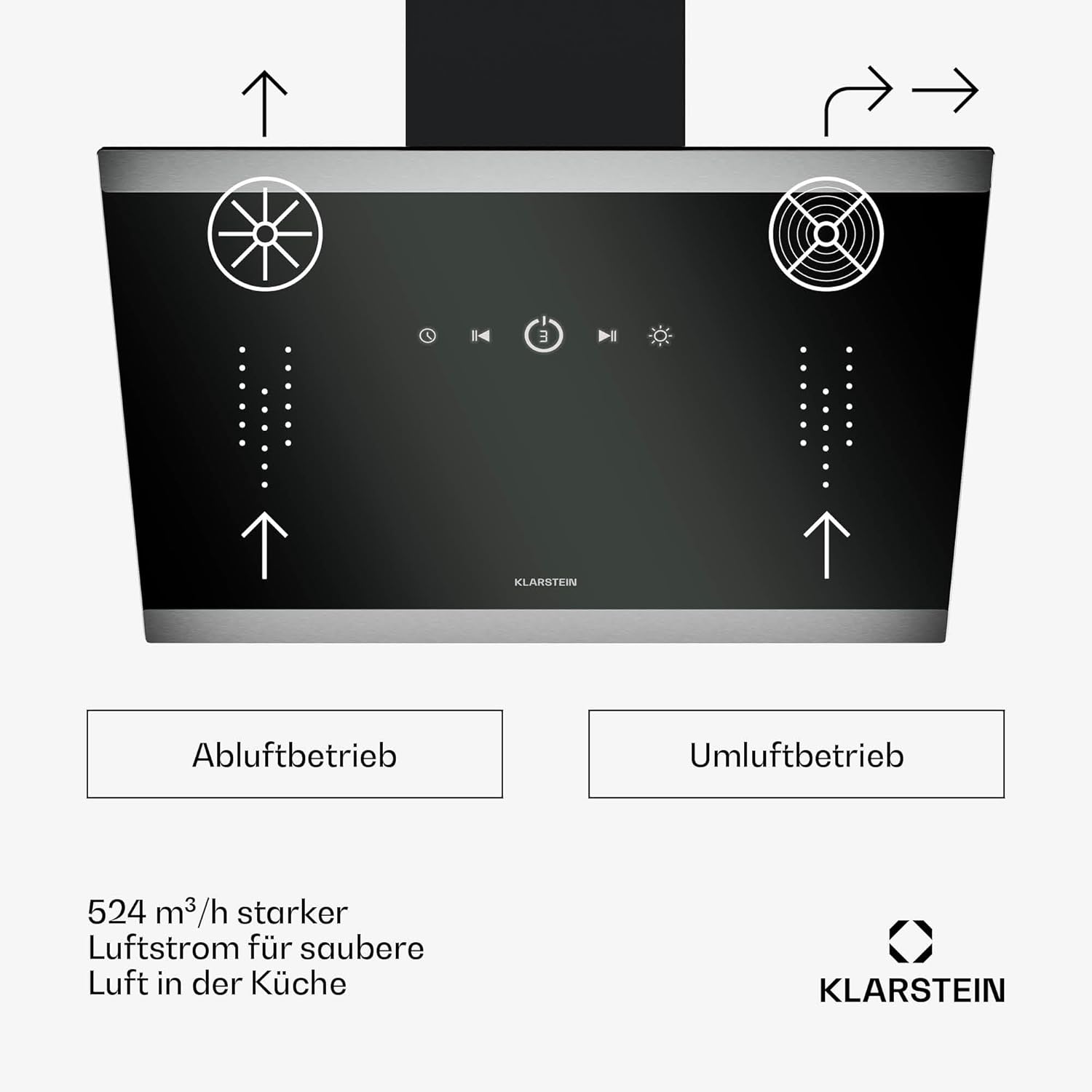 Klarstein FlashLine Dunstabzugshaube – 60 cm Kopffreihaube, Touchscreen, 524 m³/h, A++ Energieeffizienz, LED-Beleuchtung, leise 34,5 dB, Schwarz, Abluft- und Umluftbetrieb