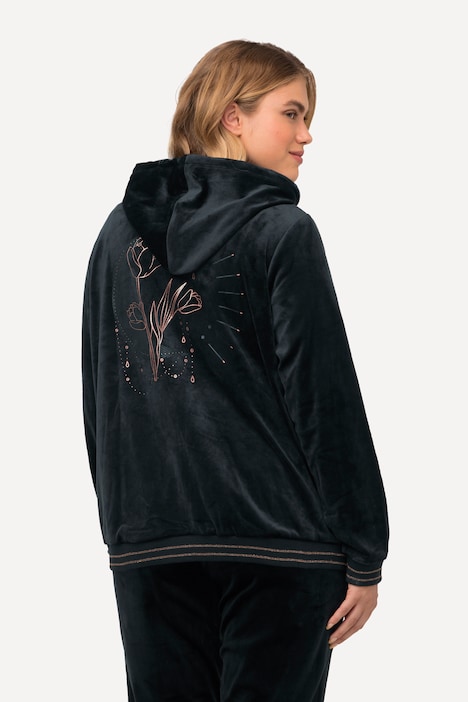 Samt-Sweatjacke, Tulpen, Kapuze, Glitzerdetails