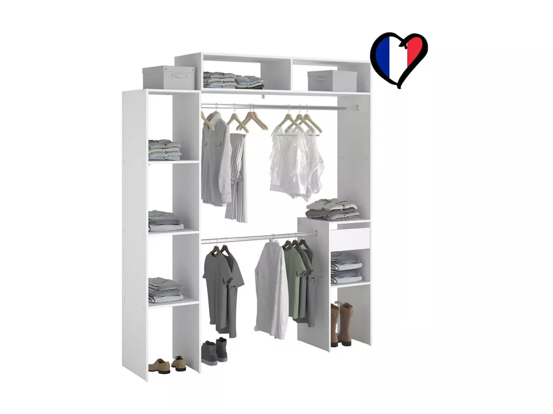 Dressing blanc extensible avec étagères, penderies, tiroir ELYSEE