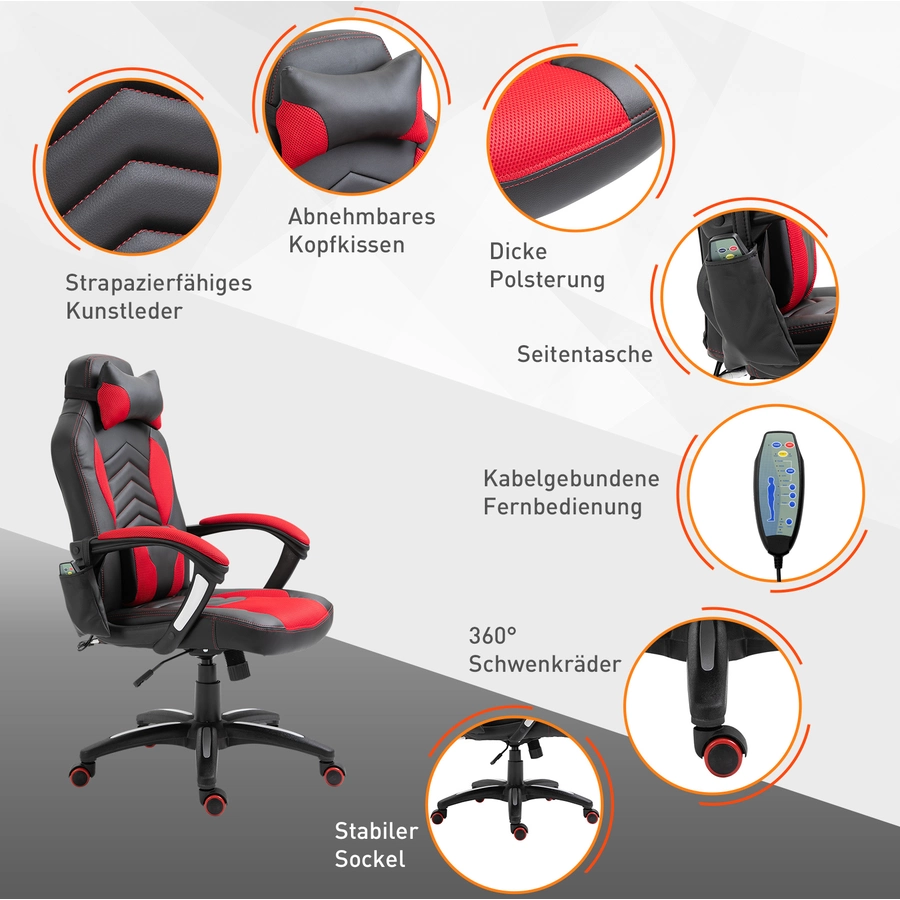 HOMCOM Sportlicher Chefsessel mit Massage- und Wärmefunktion schwarz, rot