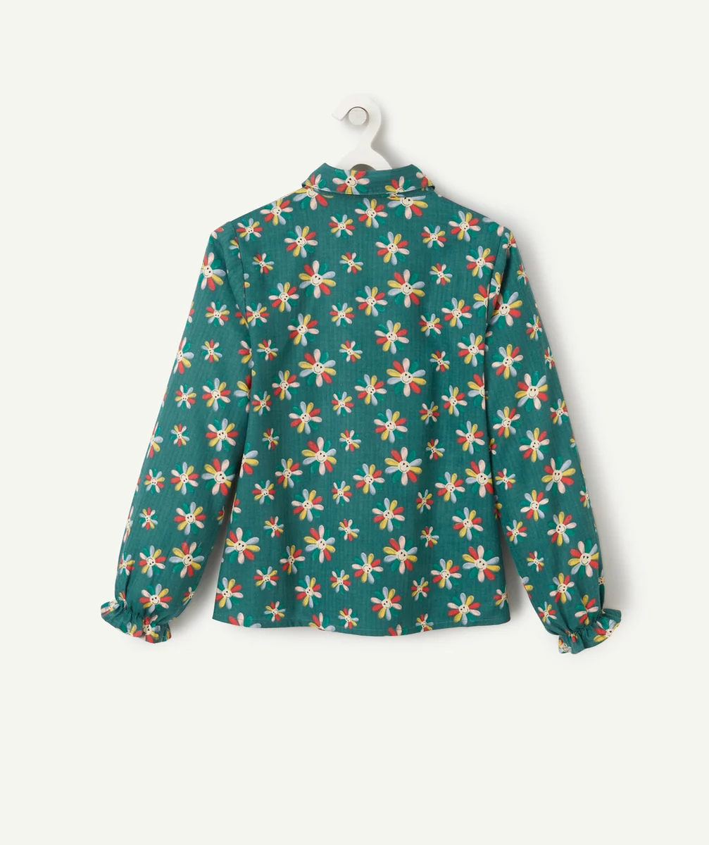 CHEMISE FILLE VERTE EN COTON ET IMPRIMÉE AVEC FLEURS SOURIRES
