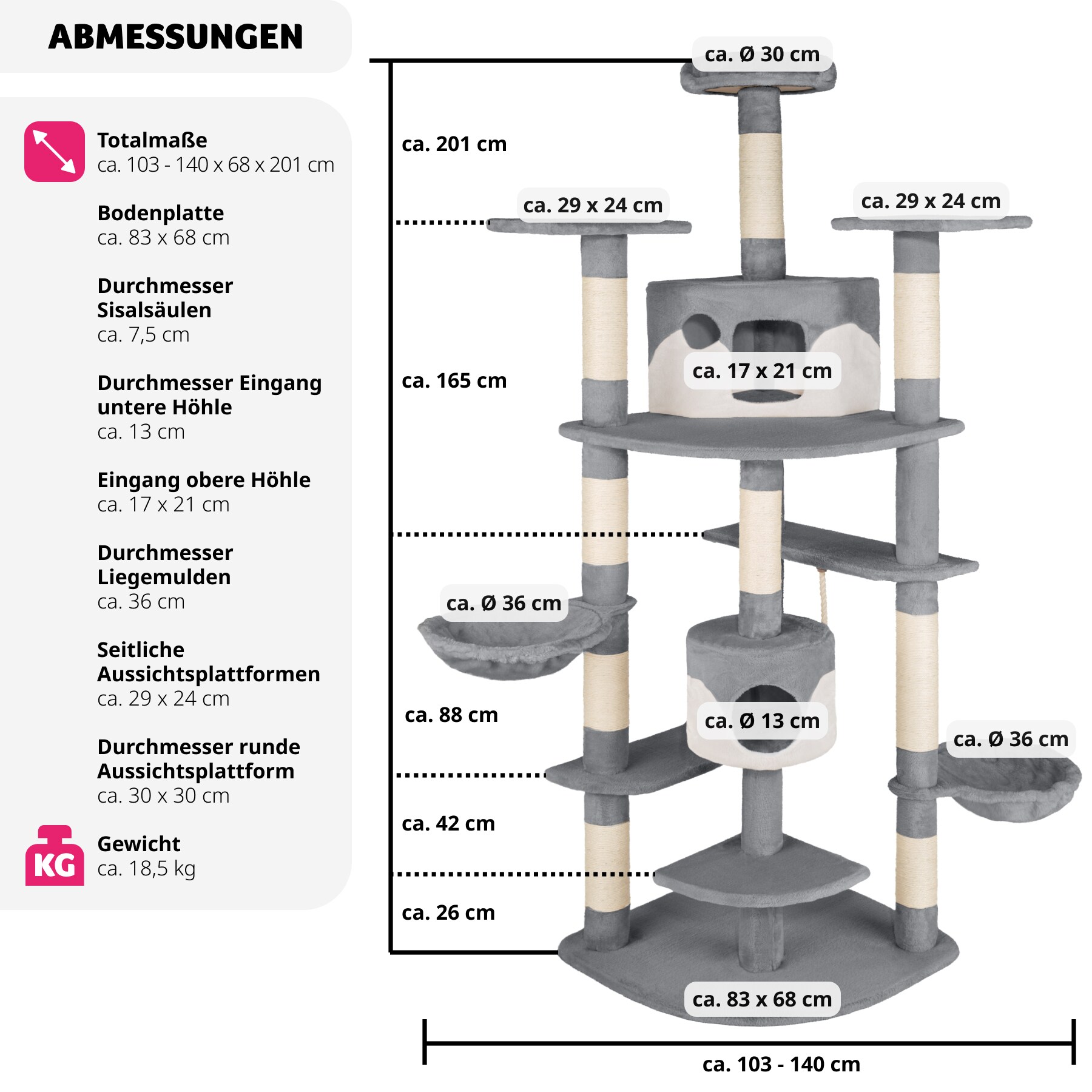 tectake® Kratzbaum, 201 cm, mit 2 Katzenhäusern, inklusive Spielkordel und Kippschutz
