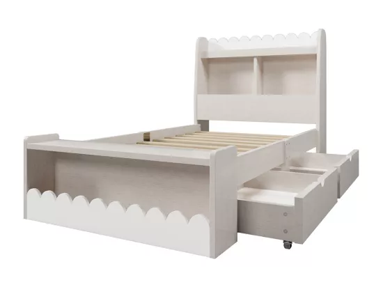 Lit simple enfant 90x190 cm, avec tiroirs, étagères et espace de rangement, blanc + couleur chêne