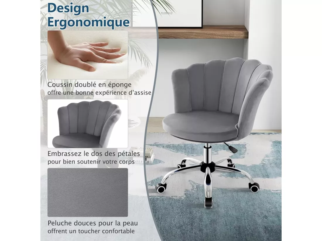 Fauteuil de Bureau en Velours avec 5 Roues Universelles, Chaise de Coiffeuse avec Hauteur Réglable, Chaise Salon Rembourrée Pivotante, Forme de Coquillage, pour Salon, Chambre, Bureau (Gris)