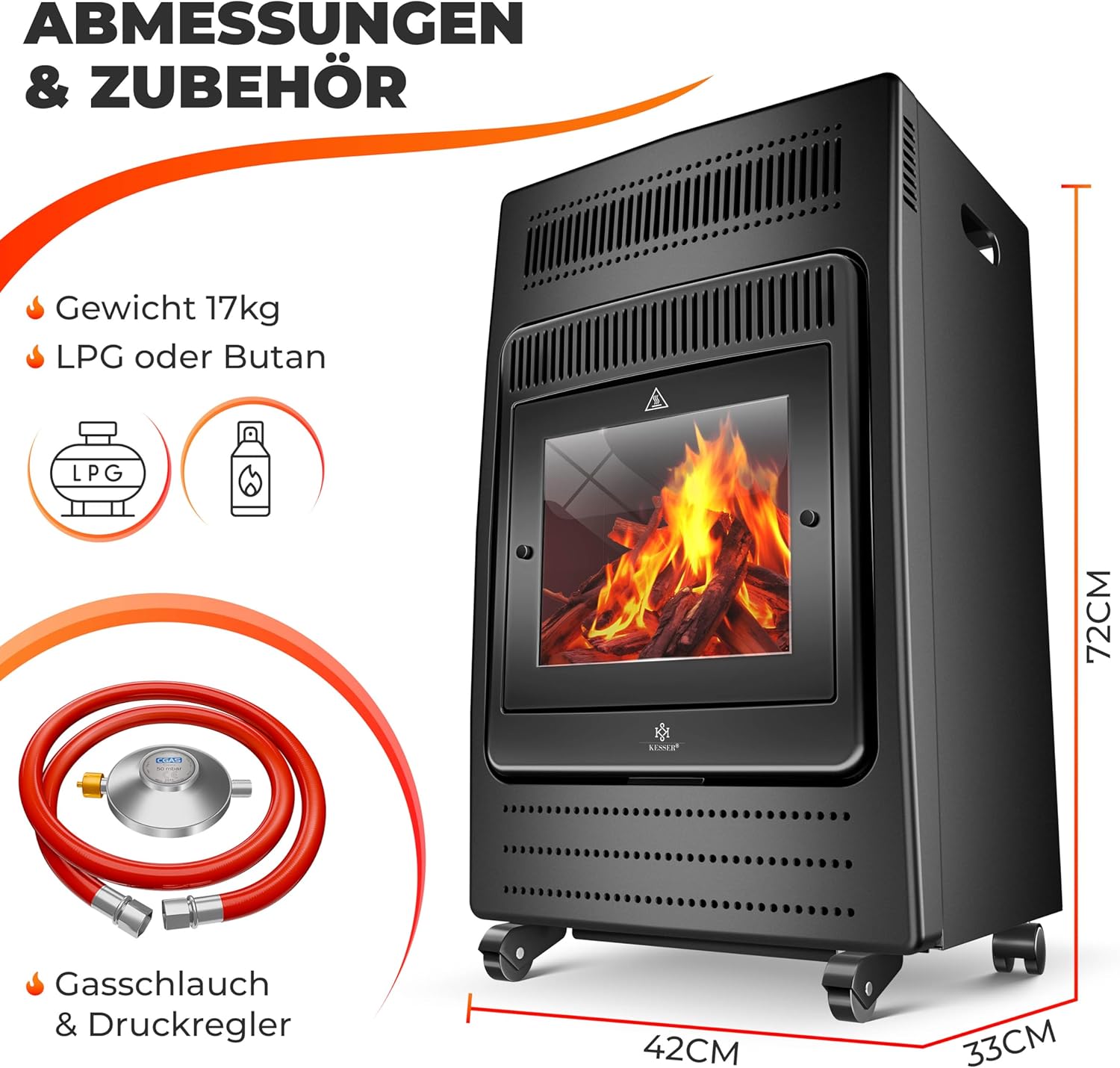 KESSER® Gasheizer Gasheizofen Heizstrahler 3,4 kW Gas Kamin inkl. Gasdruckregler & Gasschlauch, 2 Heizstufen Infrarot 3400W Gasheizstrahler Gasheizung Butan- oder Propangasflaschen bis 11kg Schwarz