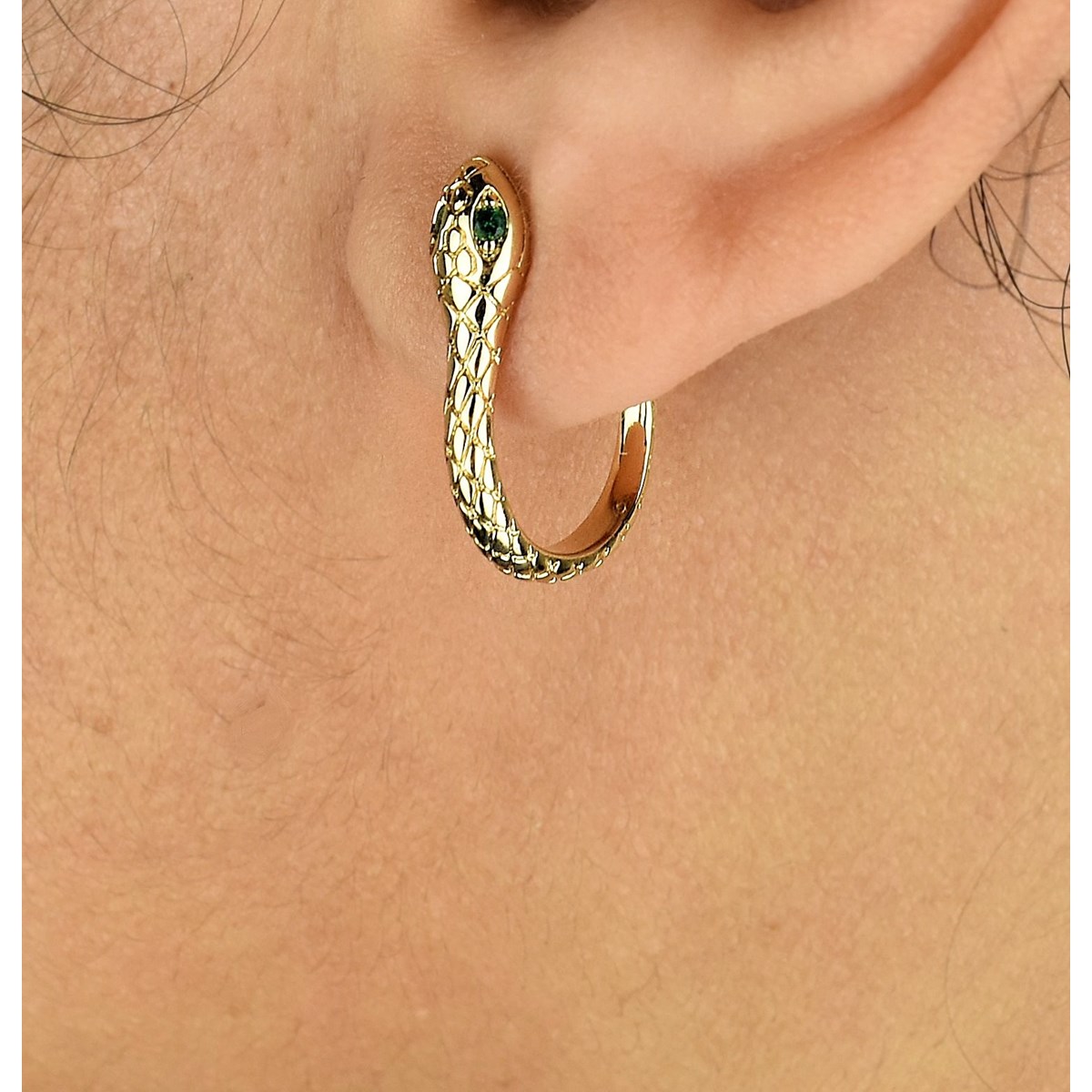 Boucles d'oreilles serpent Créole ouverte yeux d'oxydes de zirconium verts Plaqué or 750 3 microns