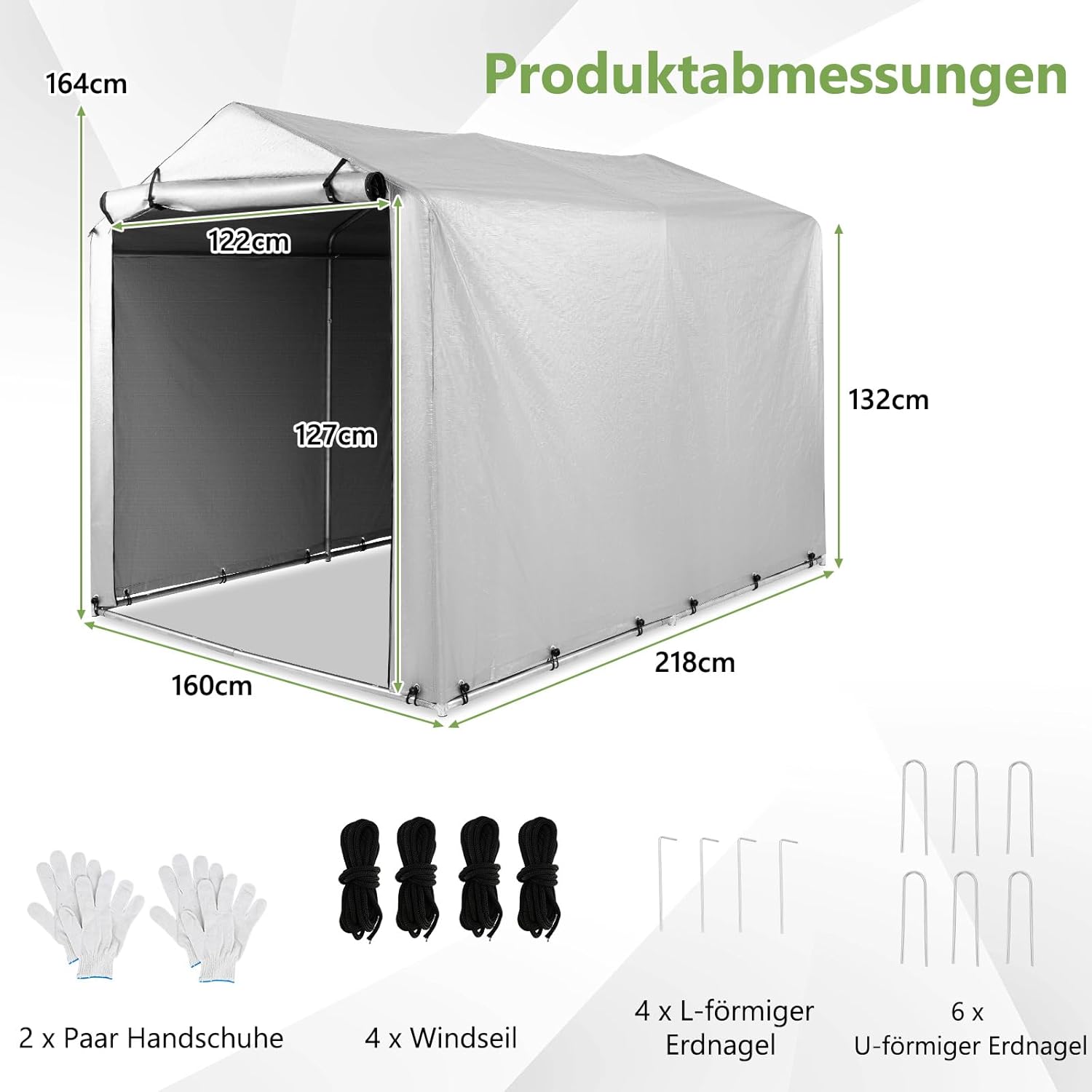 COSTWAY Garagenzelt 160 x 218 x 164 cm, Gerätehaus Wasserdicht mit Metallrahmen & aufrollbarer Reißverschlusstür, Zeltgarage für Fahrräder Motorräder Gartengeräte (Silbergrau)