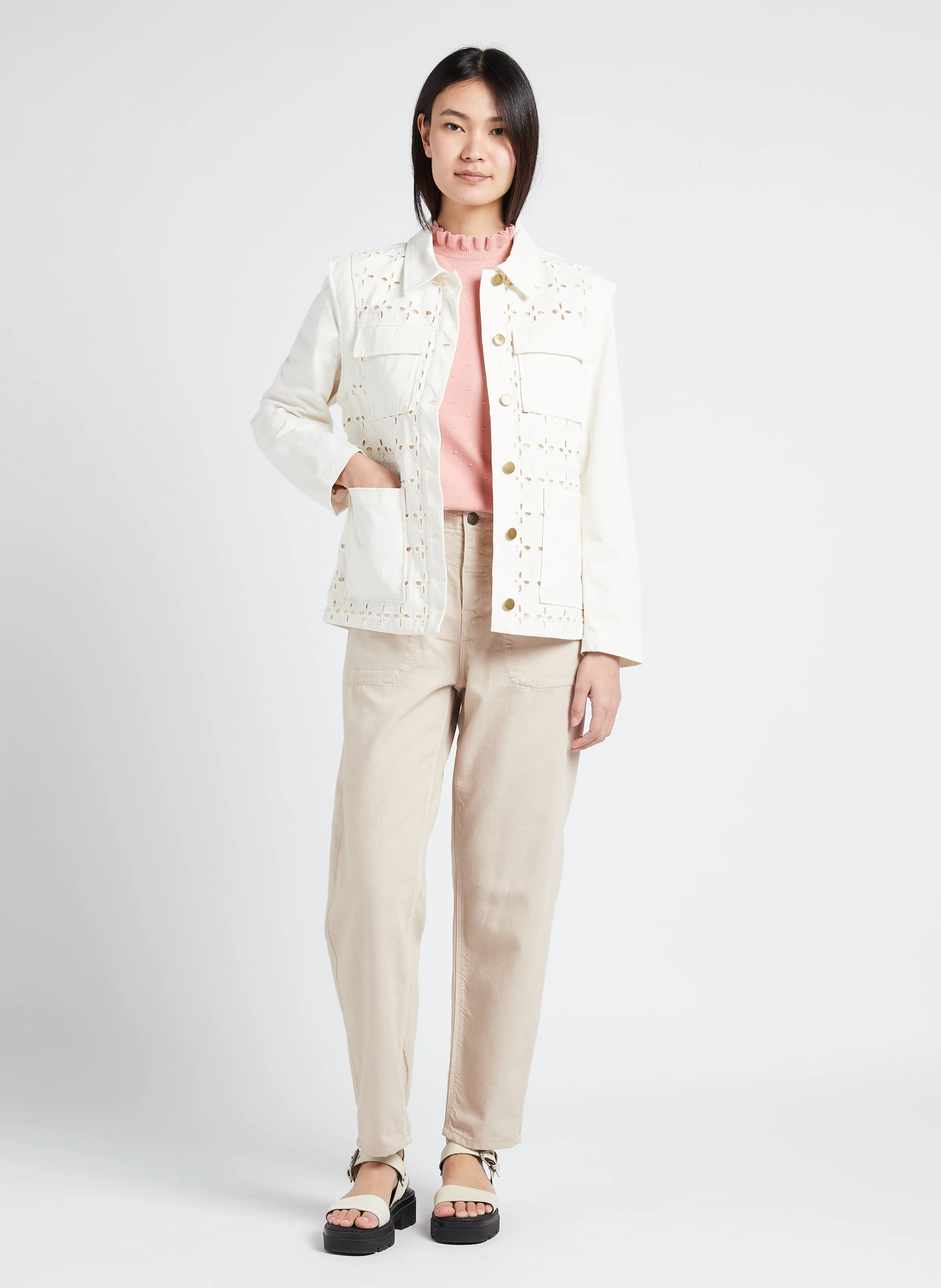 SOLFERINO - Pull col rond jacquard à volants | Rose