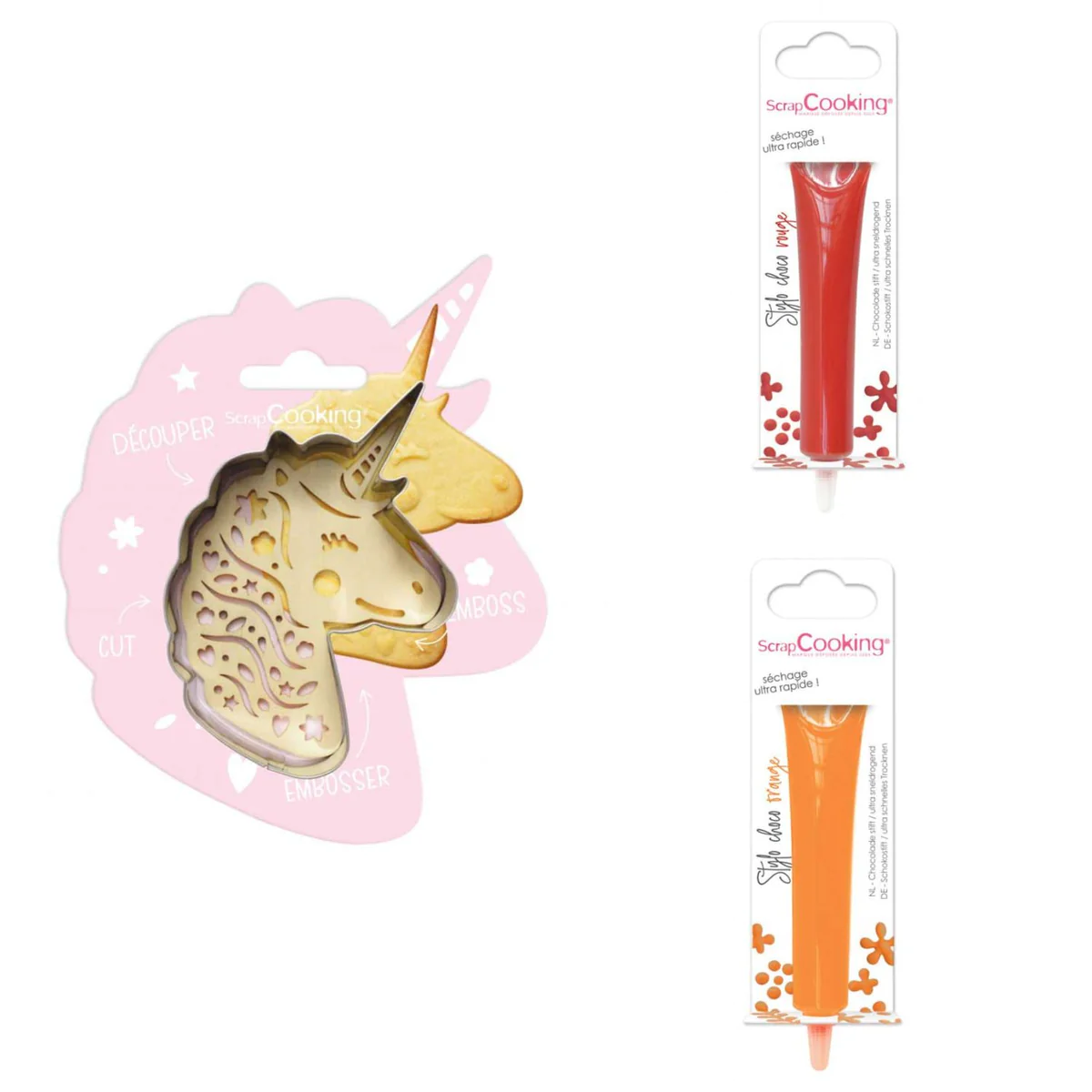 Kit pour biscuit en relief Licorne + 2 Stylos au chocolat rouge et ora
