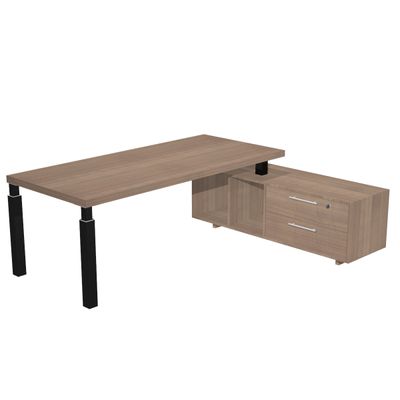 Bureau Manager FLORA - avec console retour réversible - L195 x P170 cm - pieds en métal noir - plateau imitation merisier arabis