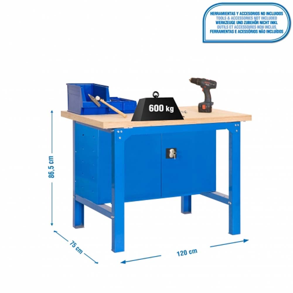 PROREGAL Werkbank van buffelhout met kast, afmetingen (H x B x D): 87 x 120 x 75 cm, draagvermogen: 600 kg, blauw
