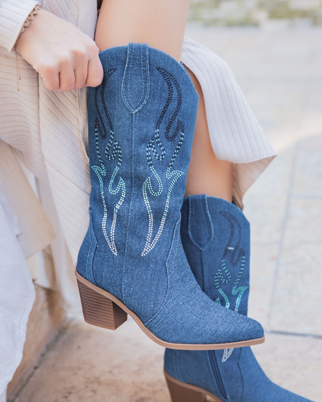 Bottes femme denim blue jeans santiags à talon - Mona