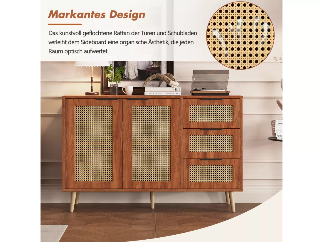 Buffet vintage en rotin avec 2 portes et 3 tiroir - 120 x 38 x 78 cm - MDF - pour cuisine et salon - Noyer