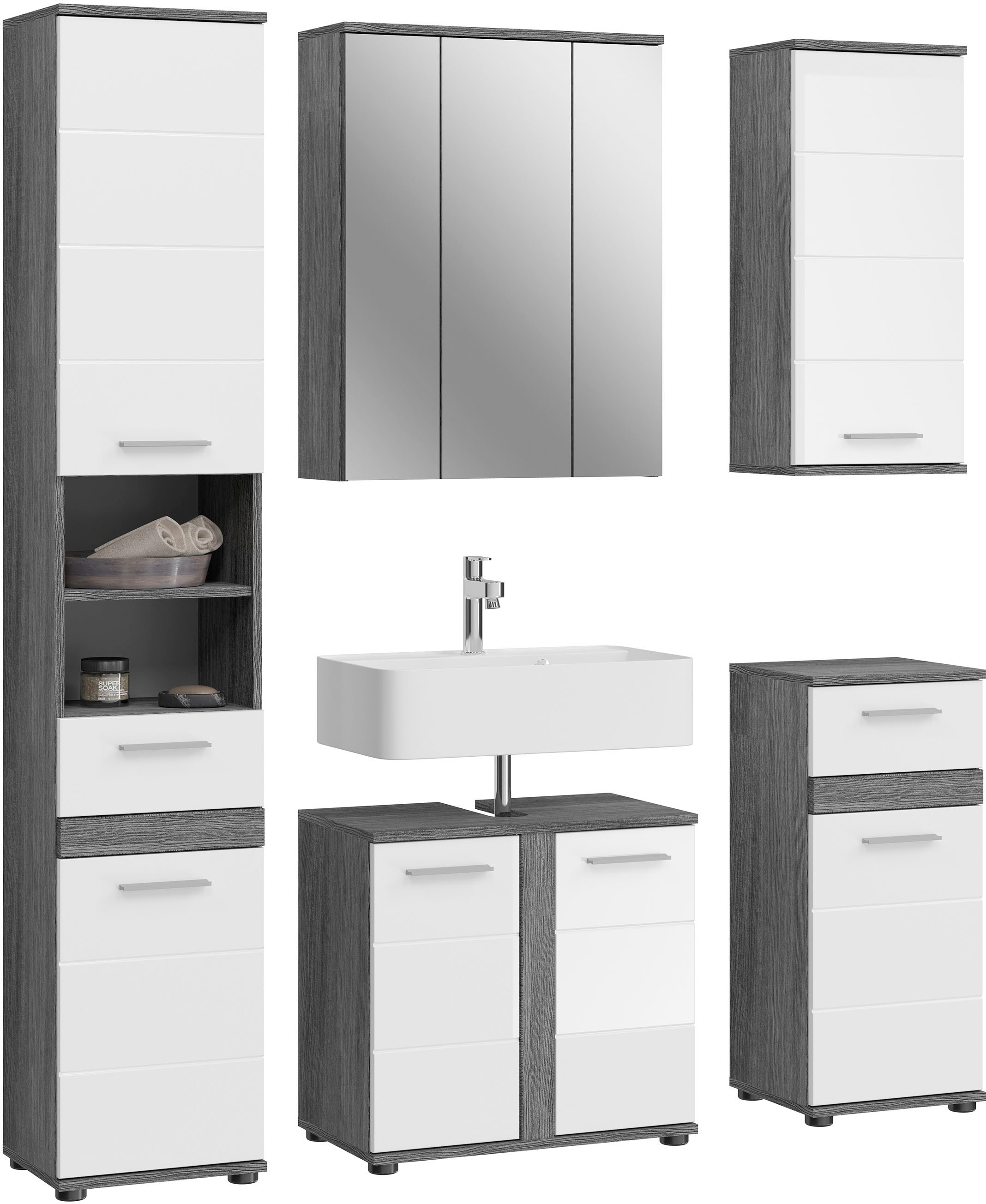 welltime Badmöbel-Set »LUCCA, 5-teilig, TOPSELLER!, MDF Hochglanzfront, bestehend aus:« Set, 5 Stk. tlg.