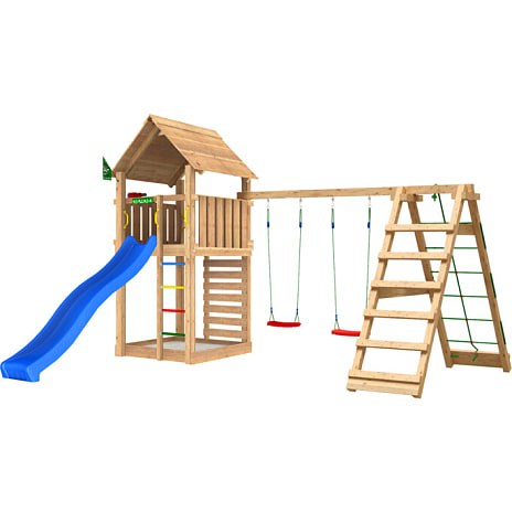Jungle Gym Cabin 2.1 legetårn inkl. klatremodul, rutsjebane og 120 kg sand