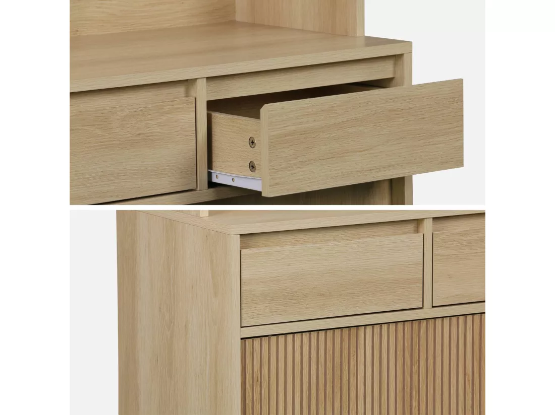 Buffet de cuisine LINEAR décor bois 4 portes 3 tiroirs 110 cm. Naturel. pieds en bois de pain revêtement papier