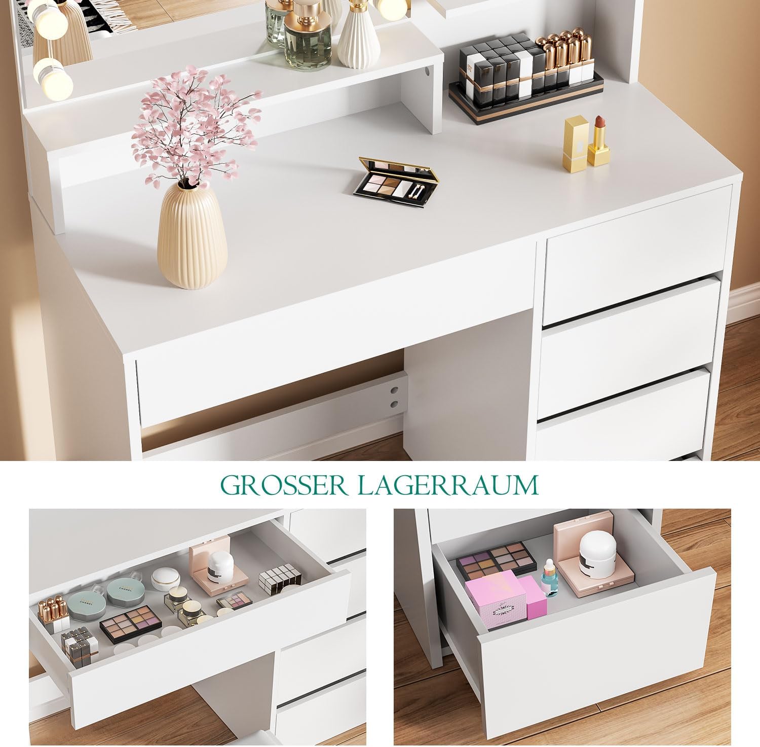 Schminktisch mit 12 LED-Beleuchtung, Hocker, Frisiertisch mit Große Spiegel, Schminktische mit Mehreren Schubladen, Schminktisch-Set mit Lichtern und Hocker 5 verdeckte Regalböden Weiß