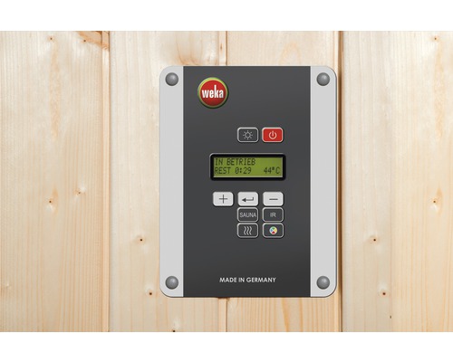 Weka Kiruna GT Gr.1 modulaire sauna inclusief 3,6 kW biooven en digitale bediening, zonder raam, met grafietkleurige volledig glazen deur.