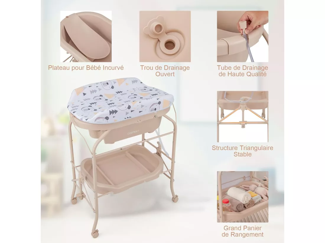 Table à Langer 2 en 1 avec Baignoire 20L Plateau de Rangement, Commode à Langer Pliable Couches Étanches Roue Universelle à Frein Charge 35KG, pour Bébé 0-12 Mois (Beige)