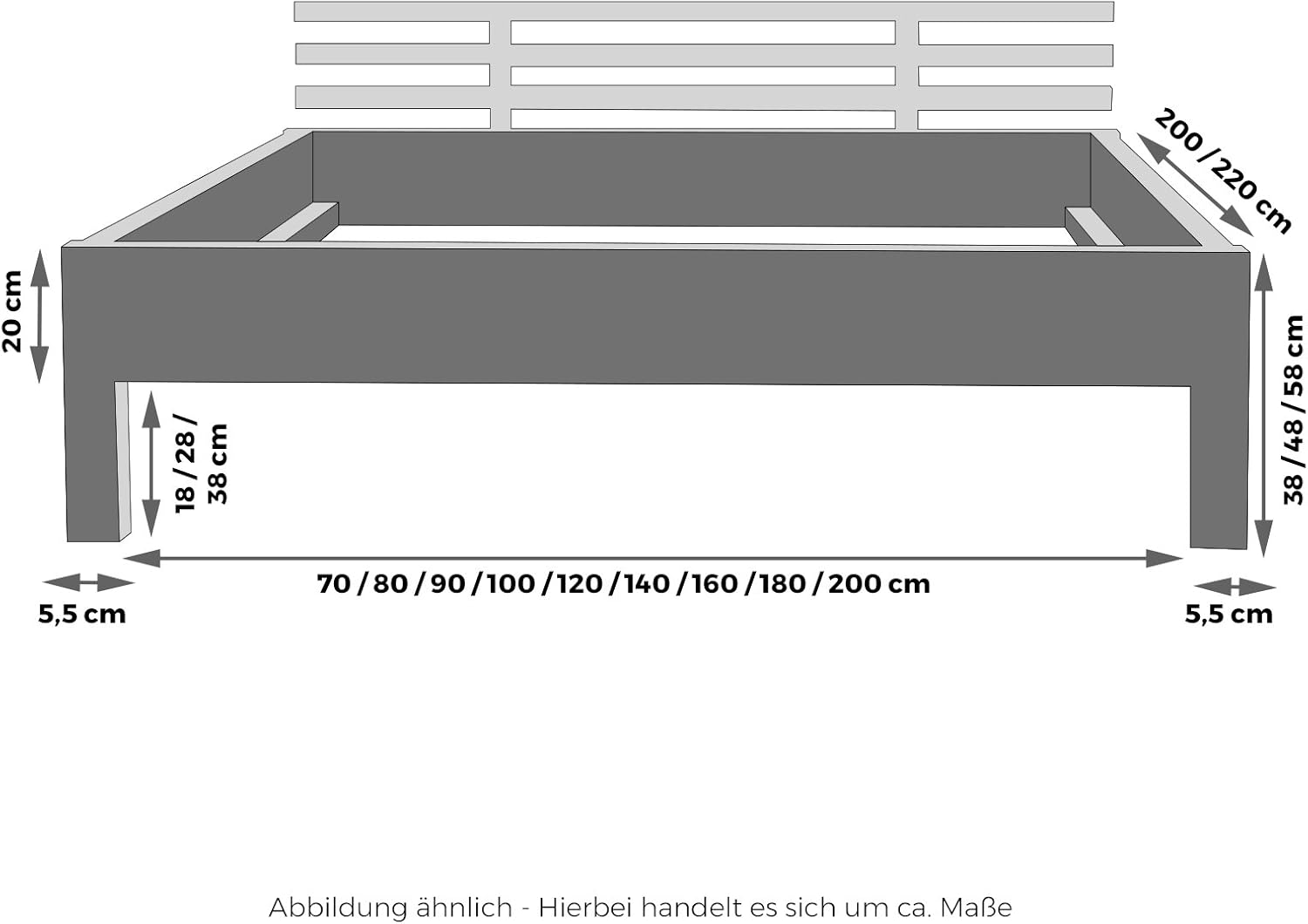 TUGA - Holztech Marken Dübelbett Naturholzbett 300Kg Nannerl belastbar stabil Holzbett Bett Doppelbett 90 120 140 160 180 200 x 200 220 (90 x 200) 38 cm Höhe