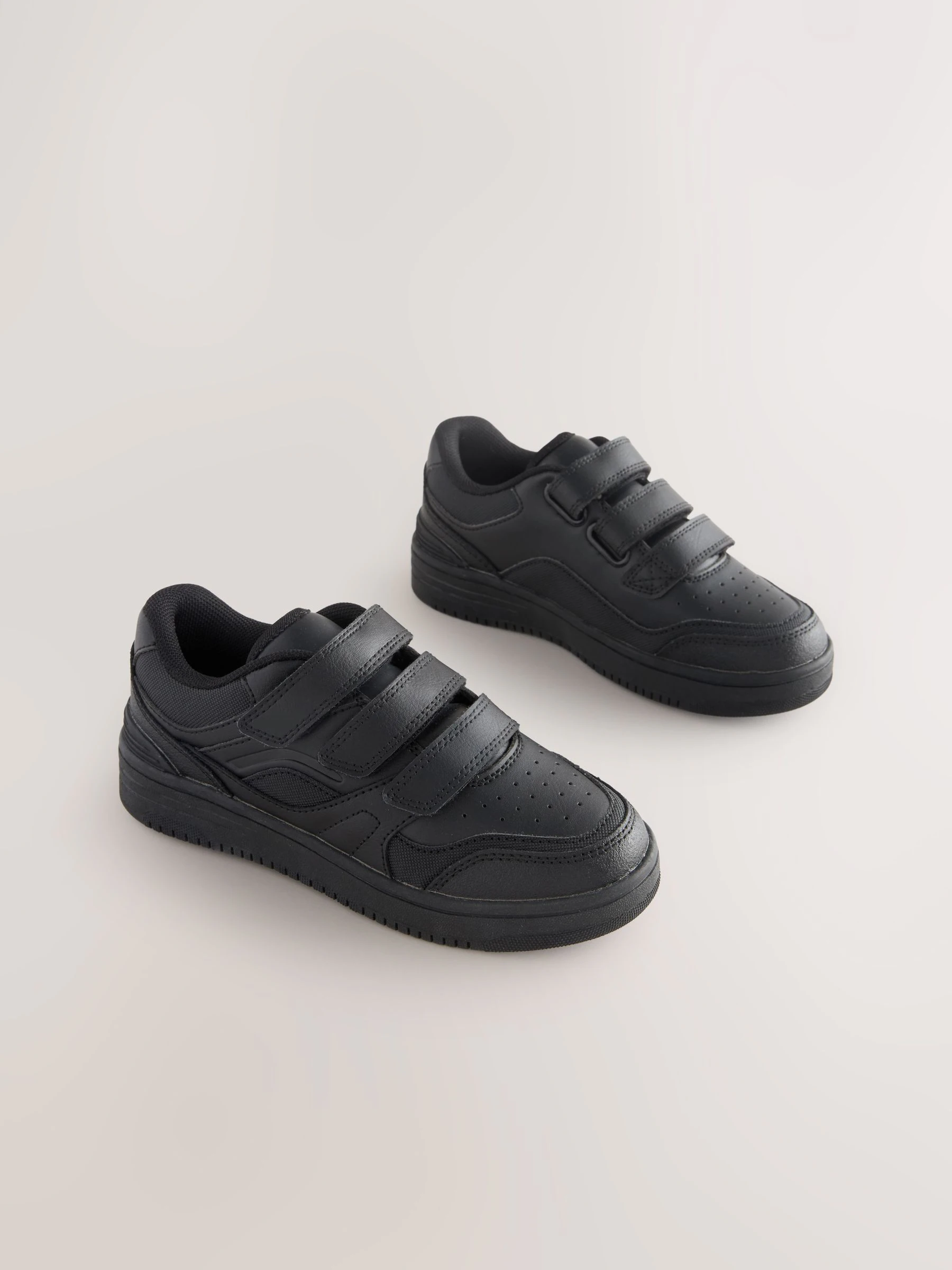 Zwart - Leren schoolschoenen met 3 klittenbandsluitingen