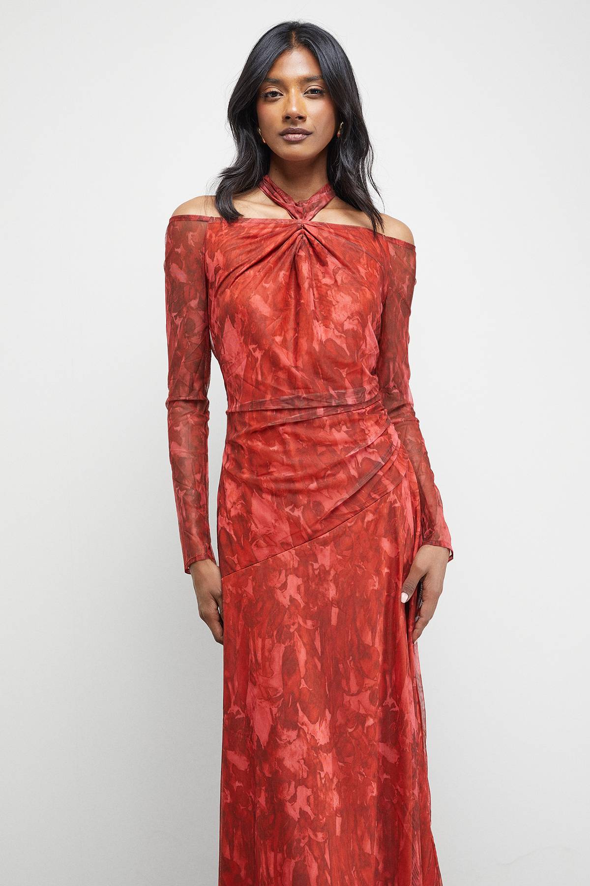 Warehouse Robe Midi en Maille Imprimée à Détail Torsadé
