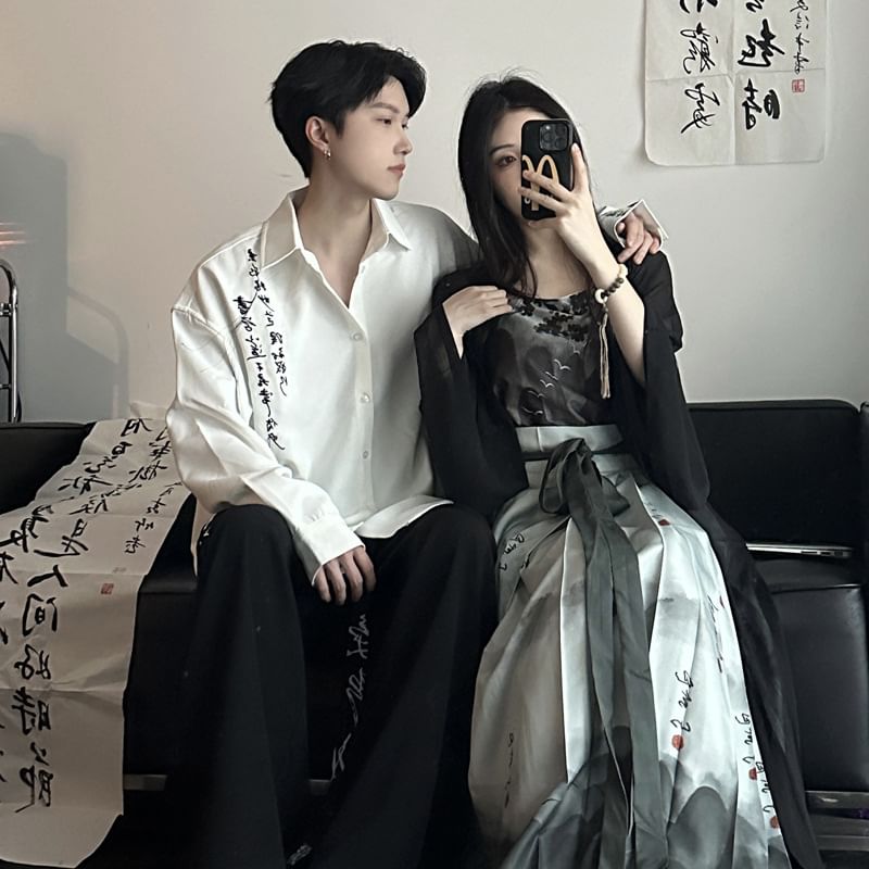 Azure - Koppel bijpassende lange mouwen shirt met Chinese karakters / wijde broek / cami top / maxi geplooide rok / lange cardigan