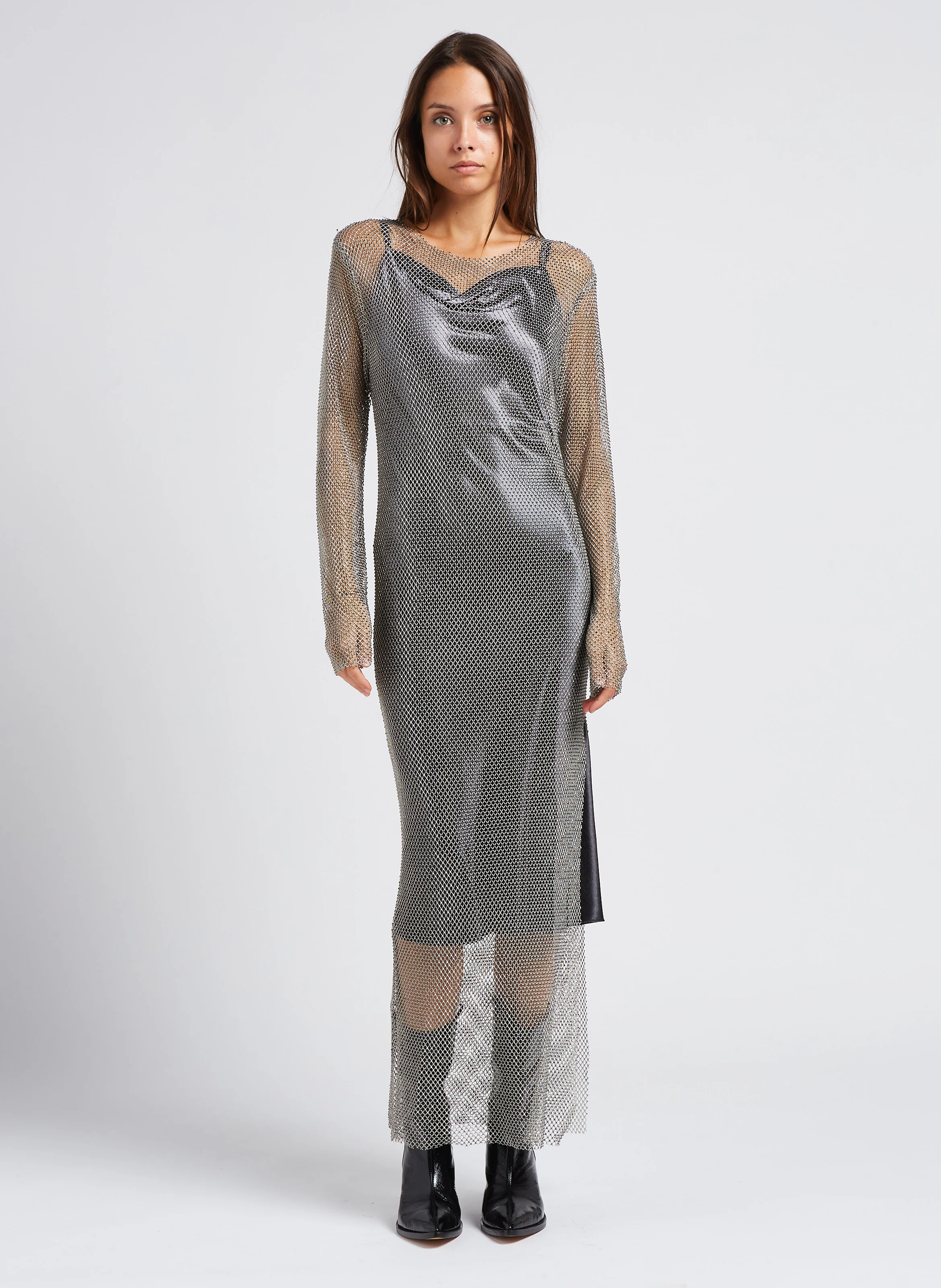 MAGDA - Robe longue col bateau à strass| Gris