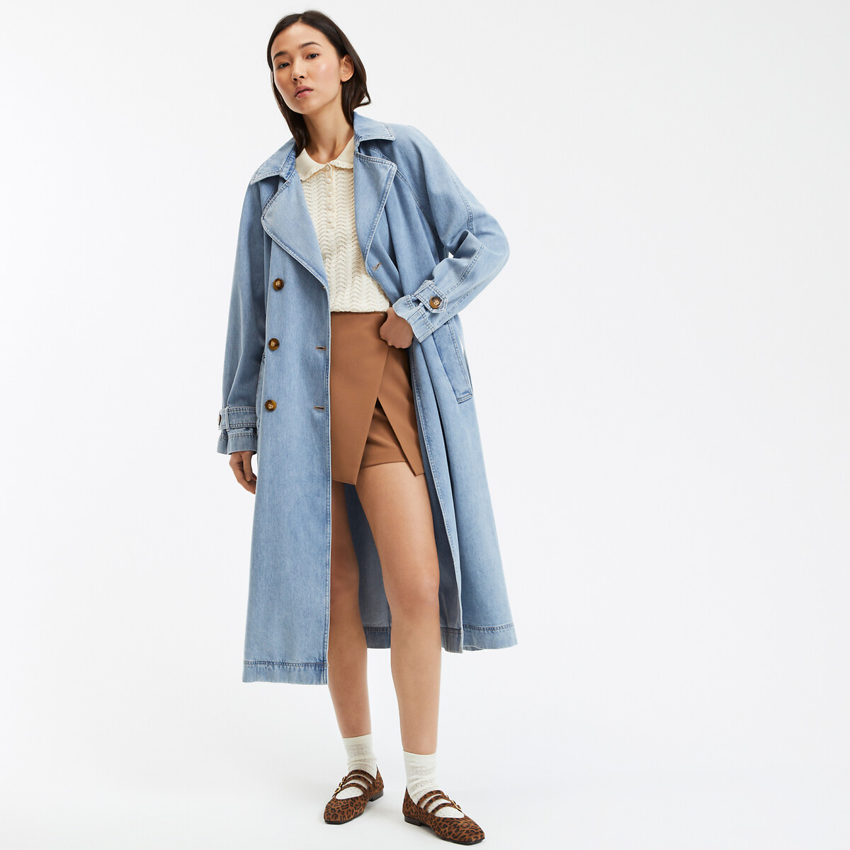 COLEÇÕES LA REDOUTE<br>Trench coat longo com fechamento por botões em jeans macio