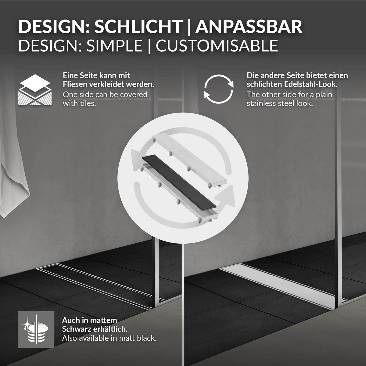 LuxeBath Doucheafvoer 70cm 2in1, betegelbaar, extra vlak, RVS, zilver, dubbelzijdige vloerafvoer, complete vloerinbouwset, doucheafvoer, sifon met stankafsluiter, haarzeef, douchegoot