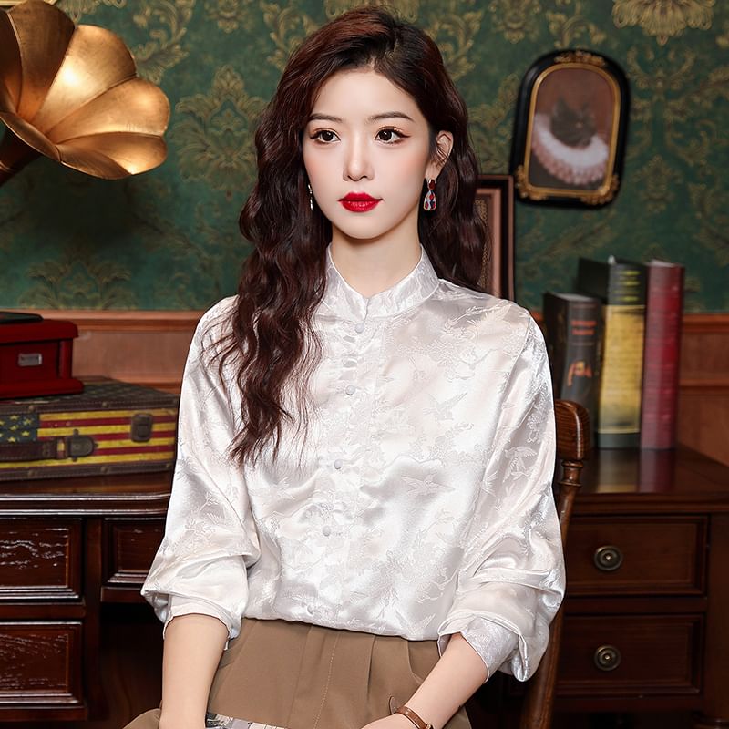 Dragan Pulse - Blouse met pofmouwen, bloemenjacquard en hoge hals