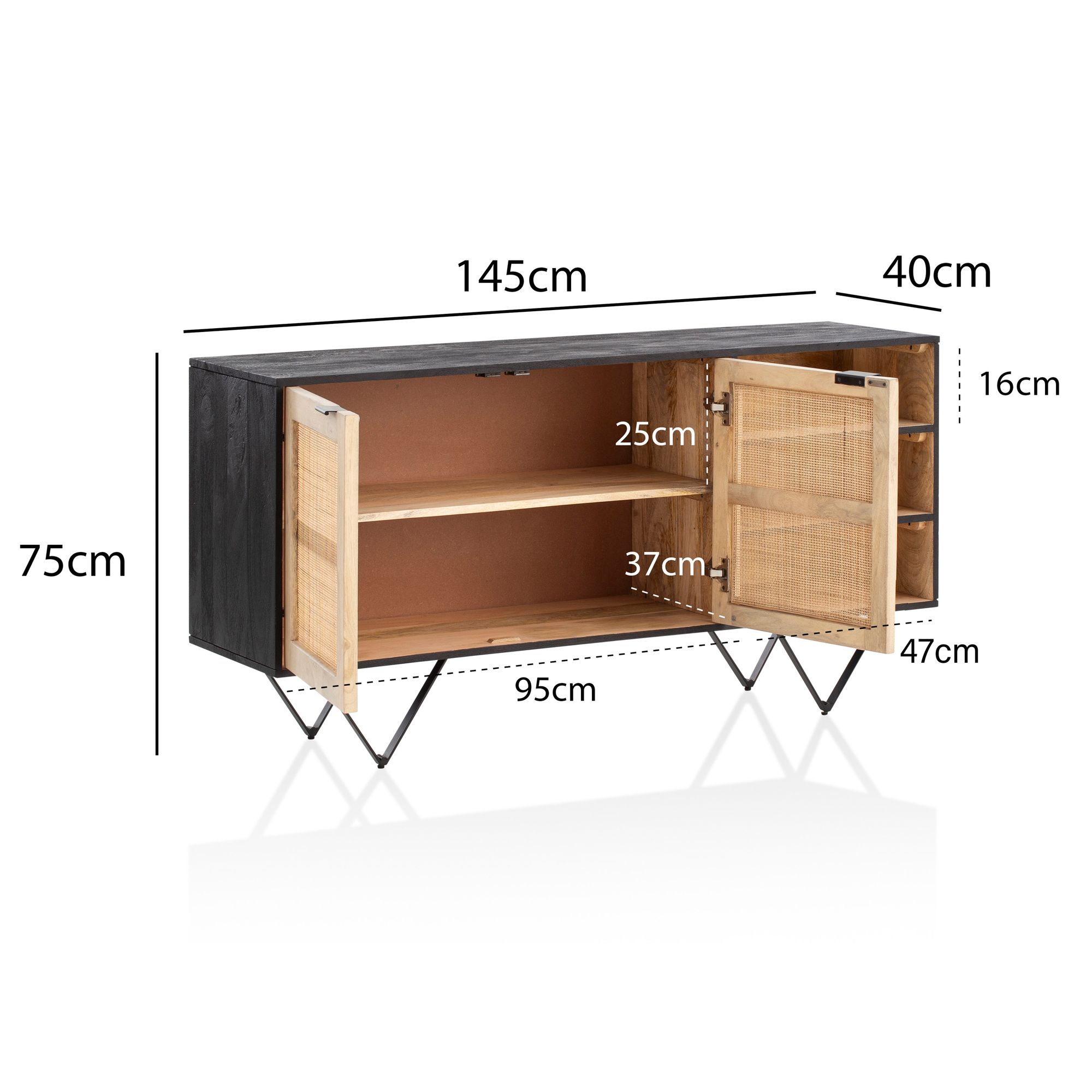 Sideboard FineBuy Anrichte 145x75x40 cm Massivholz Rattan Kommodenschrank