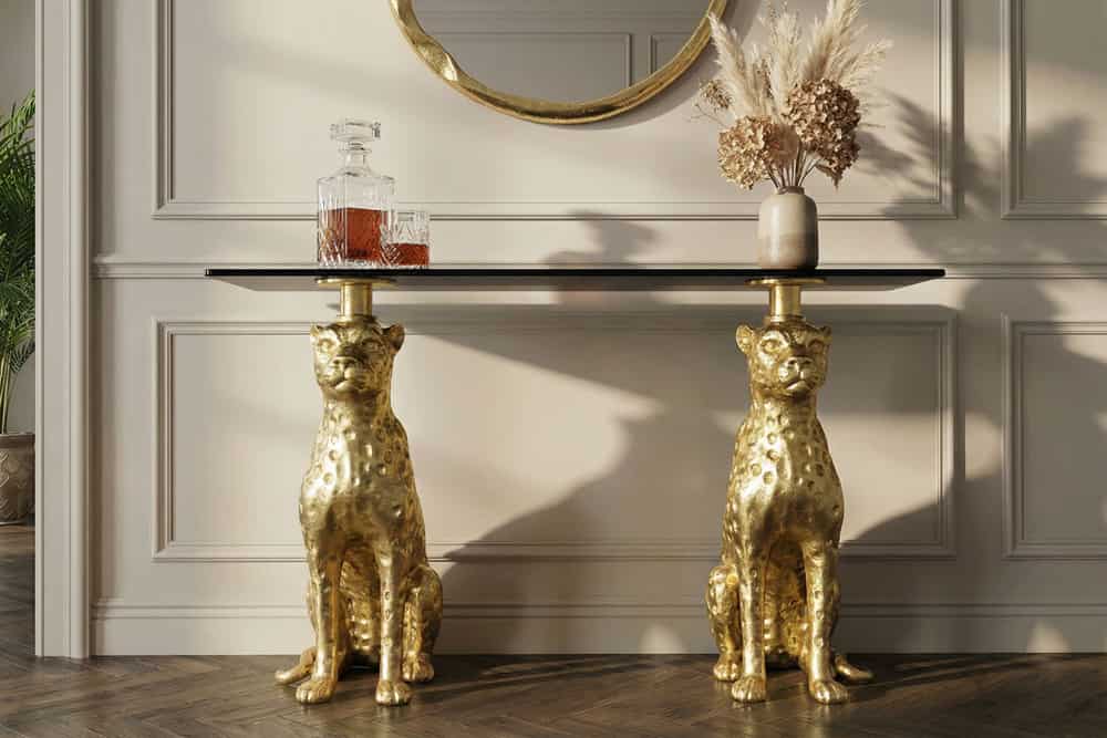 Freistehender Konsolentisch PANTHER 115cm gold Metall mit Marmor-Platte handmade