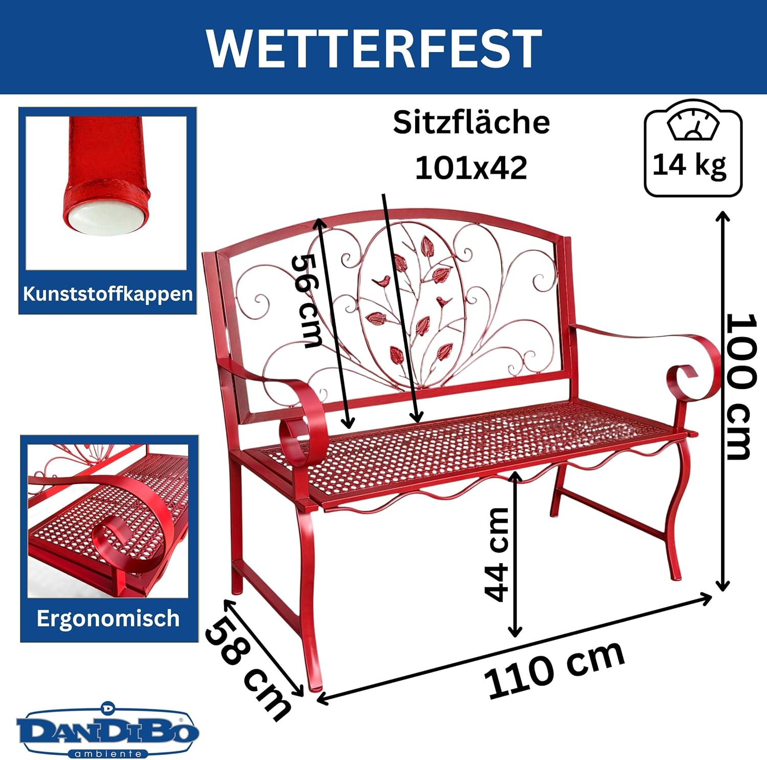 DanDiBo Gartenbank Rosso Wetterfest 2 Sitzer Metall Rot 110 cm 96707 Sitzbank Eisen Bank Garten Antik Parkbank