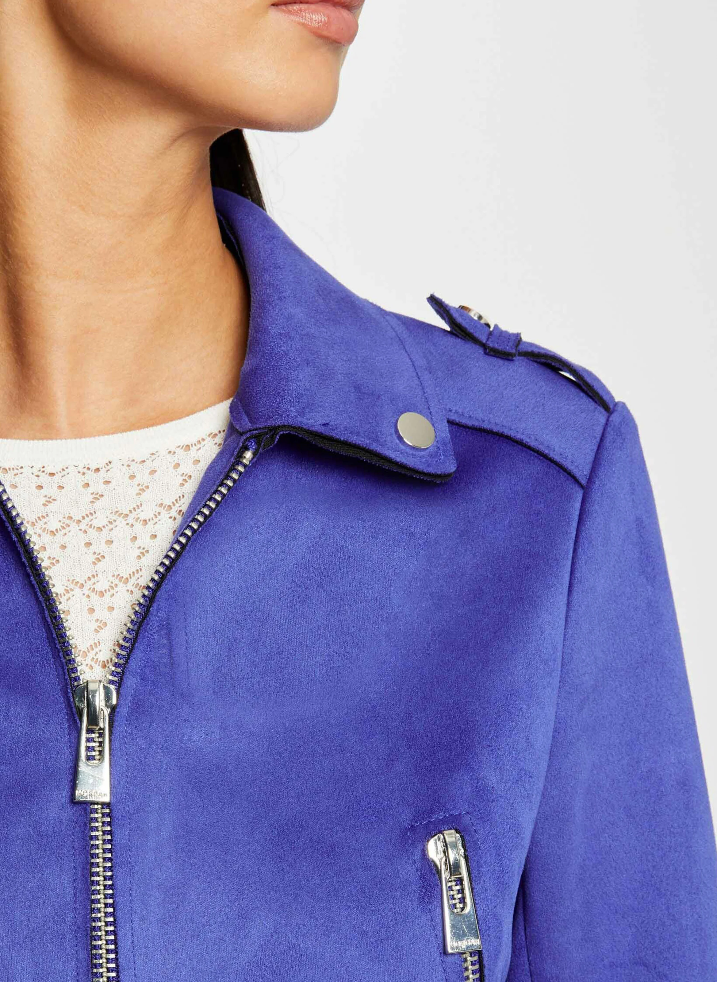 Veste blazer col classique aspect suédine| Bleu