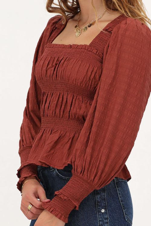 Roest-bruine smock top met ruffles