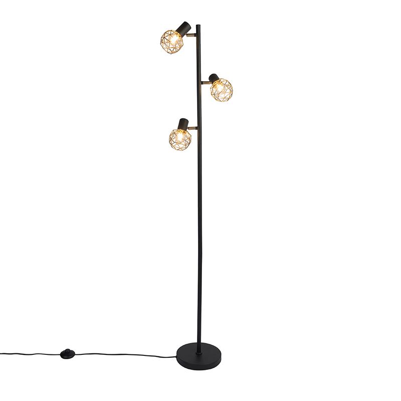 Design vloerlamp zwart met goud 3-lichts verstelbaar - Mesh