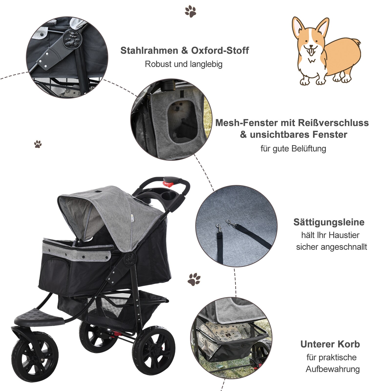 PawHut Hundewagen mit 3 Rädern, verstellbares verdeck, geignet zum joggen Grau/Schwarz 109,5 x 57,5 x 106,5 cm (LxBxH)