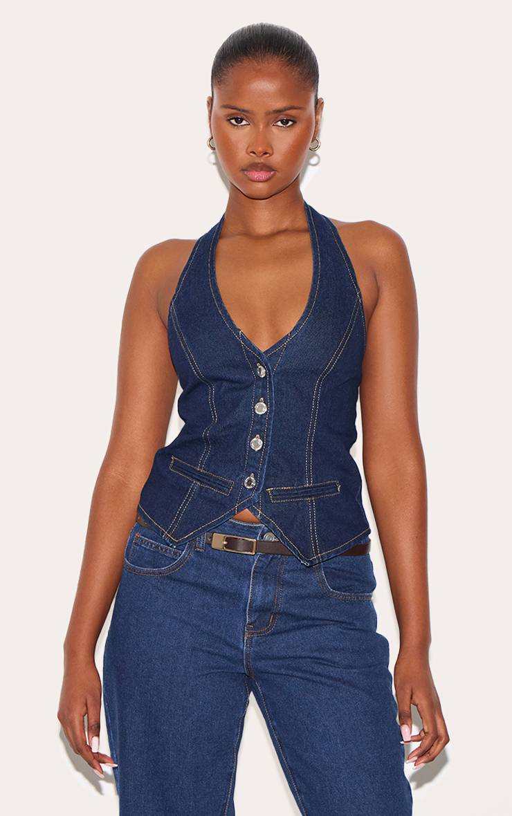 Bleu Indigo Gilet En Jean À Encolure Américaine