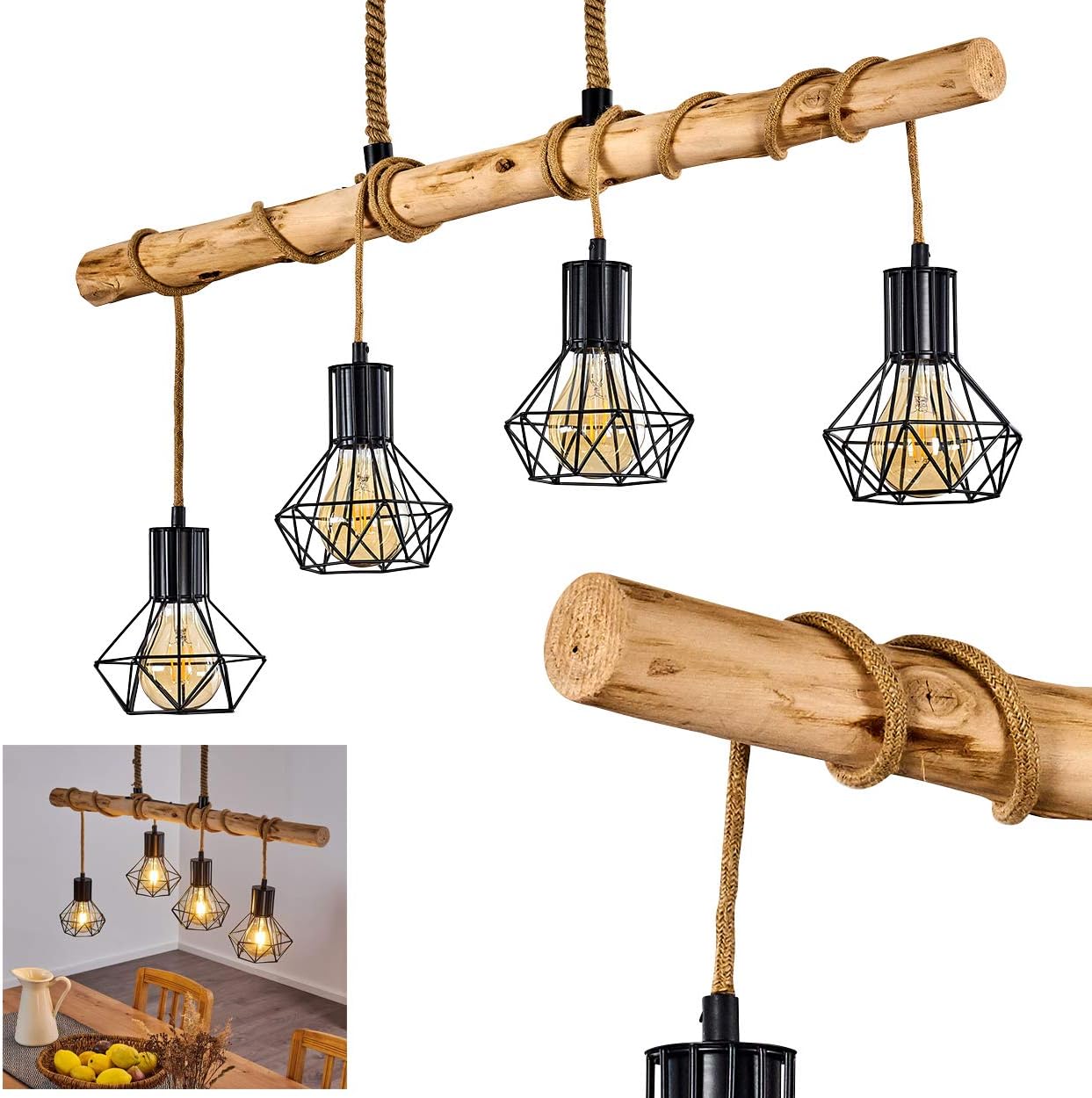 HOFSTEIN Pendelleuchte Bardhaman, Hängelampe aus Metall/Holz/Kordel in Schwarz/Natur, 4-flammig, 4 x E27, Hängeleuchte mit Holzbalken im Retro/Vintage-Design als Esszimmerlampe, Höhe max. 173 cm