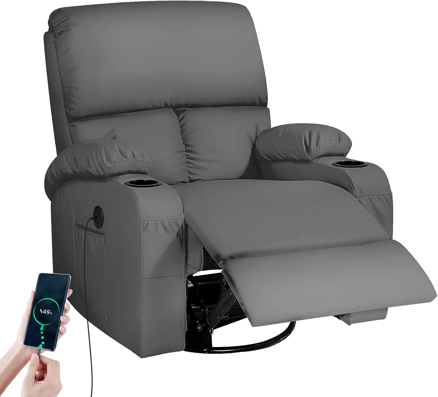Schaukelstuhl mit Relaxfunktion Massagesessel mit Vibration und Wärme, USB- und Type-C-Anschlüsse, 360° drehbare Kunstlederstühle, Wohnzimmer, Schlafzimmer, Kinderzimmer, Wohnmobil, Dunkelgrau