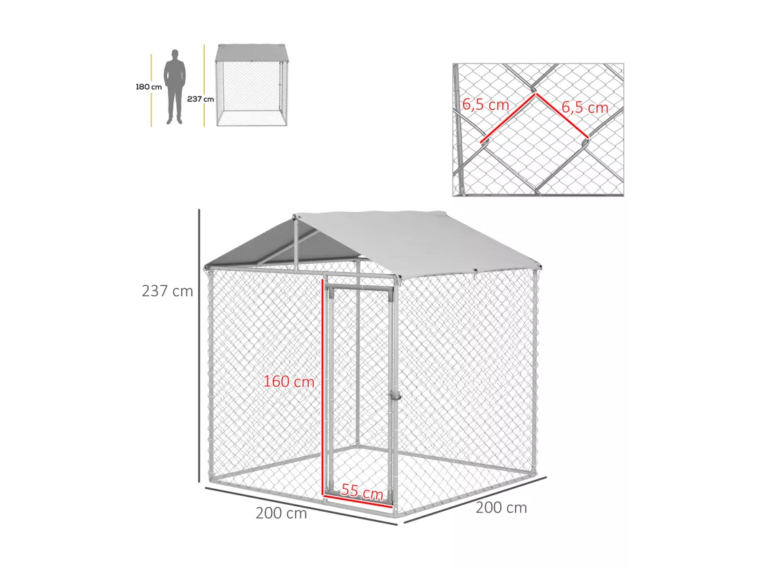 Enclos poulailler chenil 4 m² - parc grillagé dim. 2L x 2l x 2,37H m - poulailler chenil entièrement couvert - acier galvanisé
