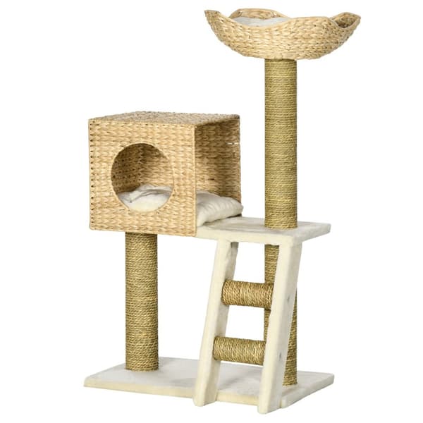 Kløestolpe 100,5H cm, kattetre med kattehule, seng, kattetrapp med sisal skrapestolper, pute, for små katter, naturlig
