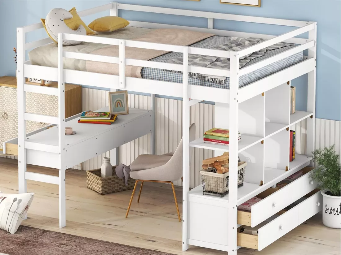 Lit mezzanine 140 x 200 cm pour enfant - bureau et tiroirs - pin - blanc