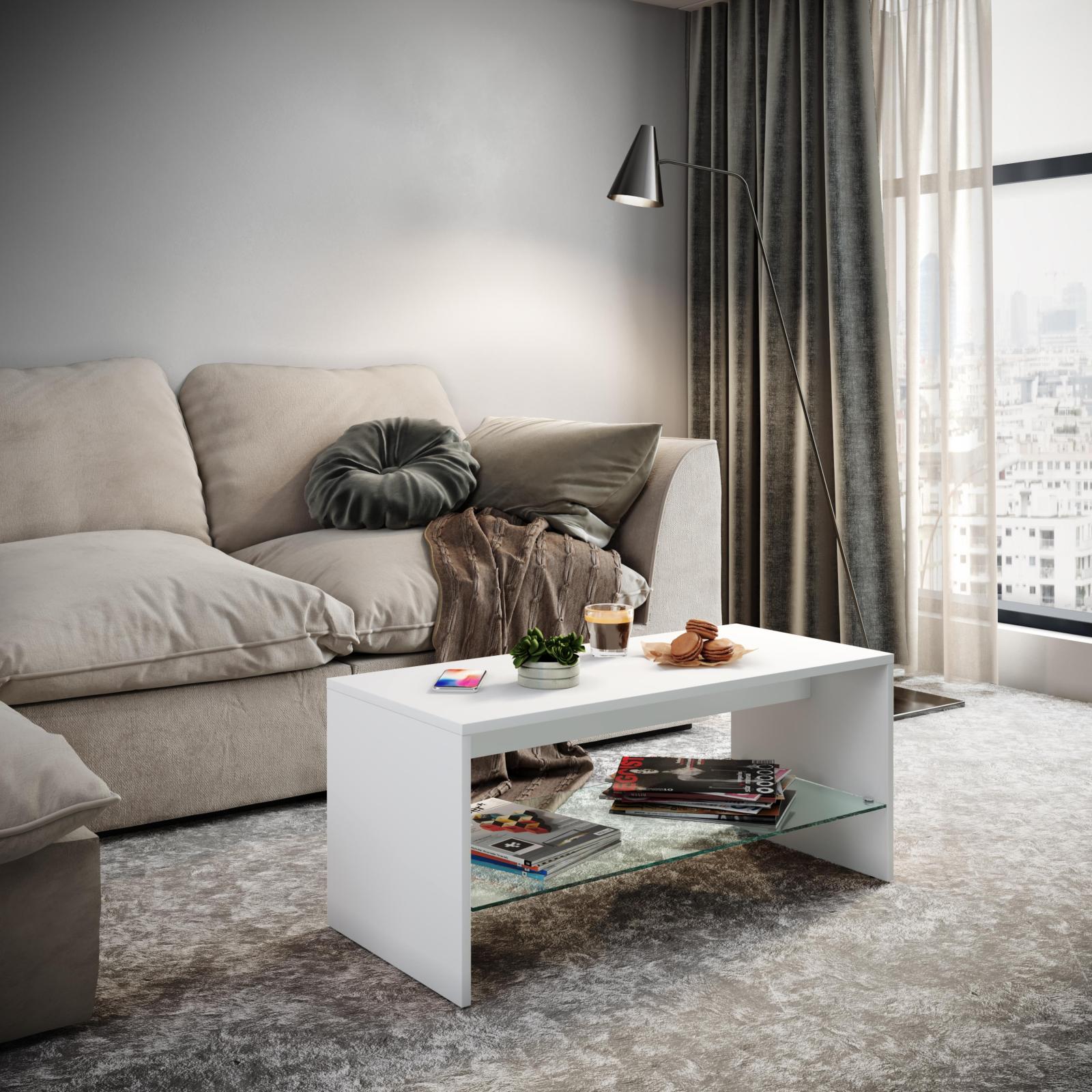 Couchtisch WISAL - weiß - Glasablage - 90 cm