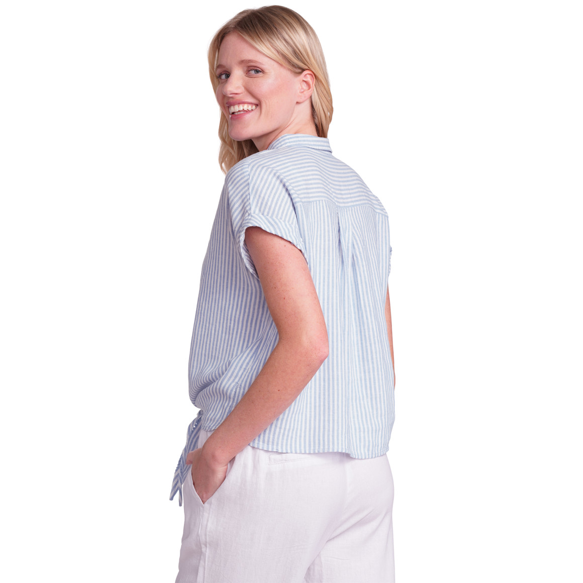 Gina Benotti Damen Leinen-Bluse mit Knotendetail blau / weiss