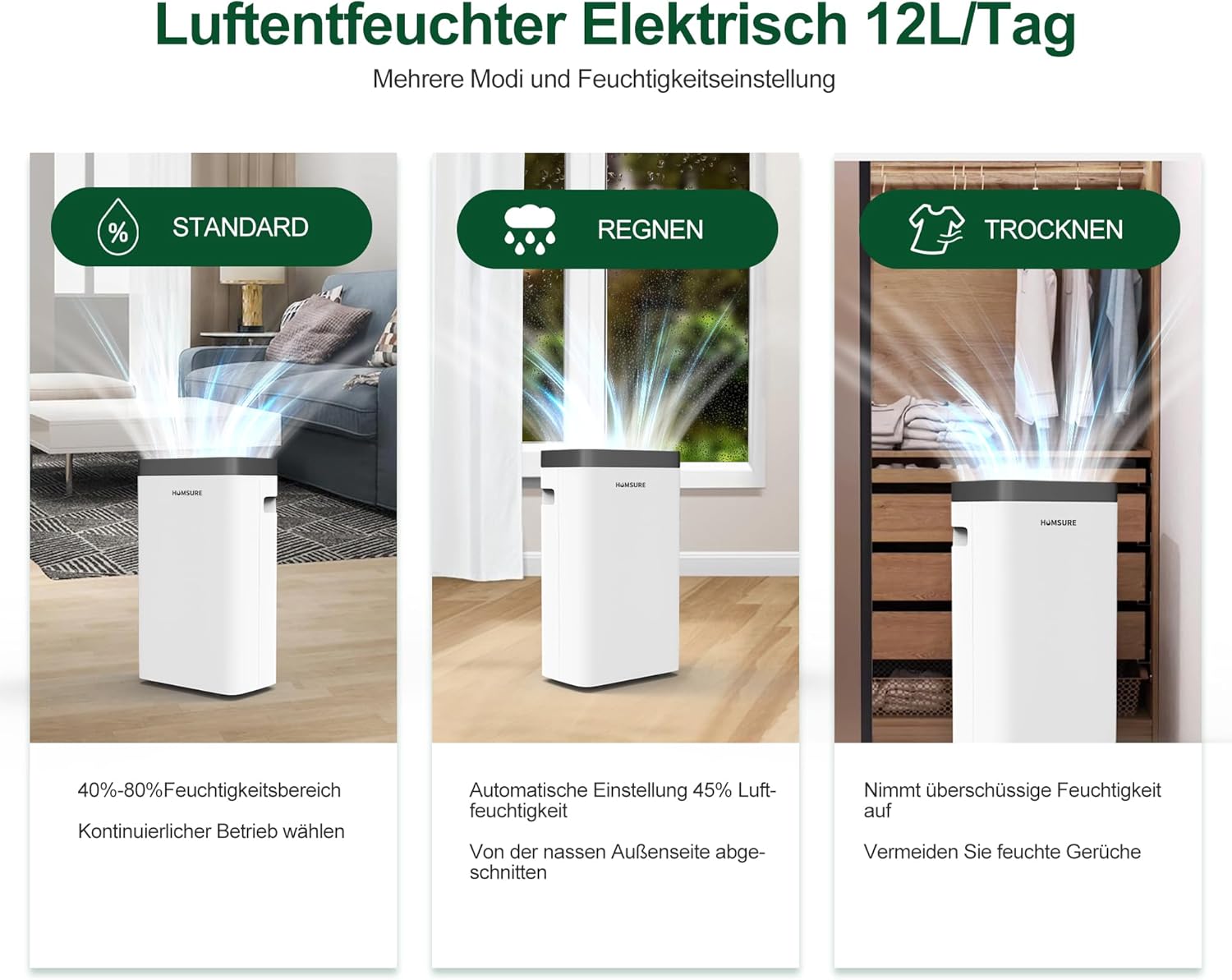 Luftentfeuchter 16L, Entfeuchter elektrisch, Luftentfeuchter Keller für Räume bis zu 122m³/25m², mit 1.2M Ablaufschlauch, Timer, 10 J. Gar.